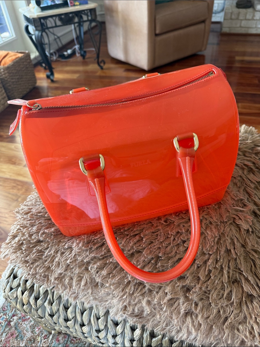 Furla Glossy Orange Patent Dome Satchel - Picture 5 of 6